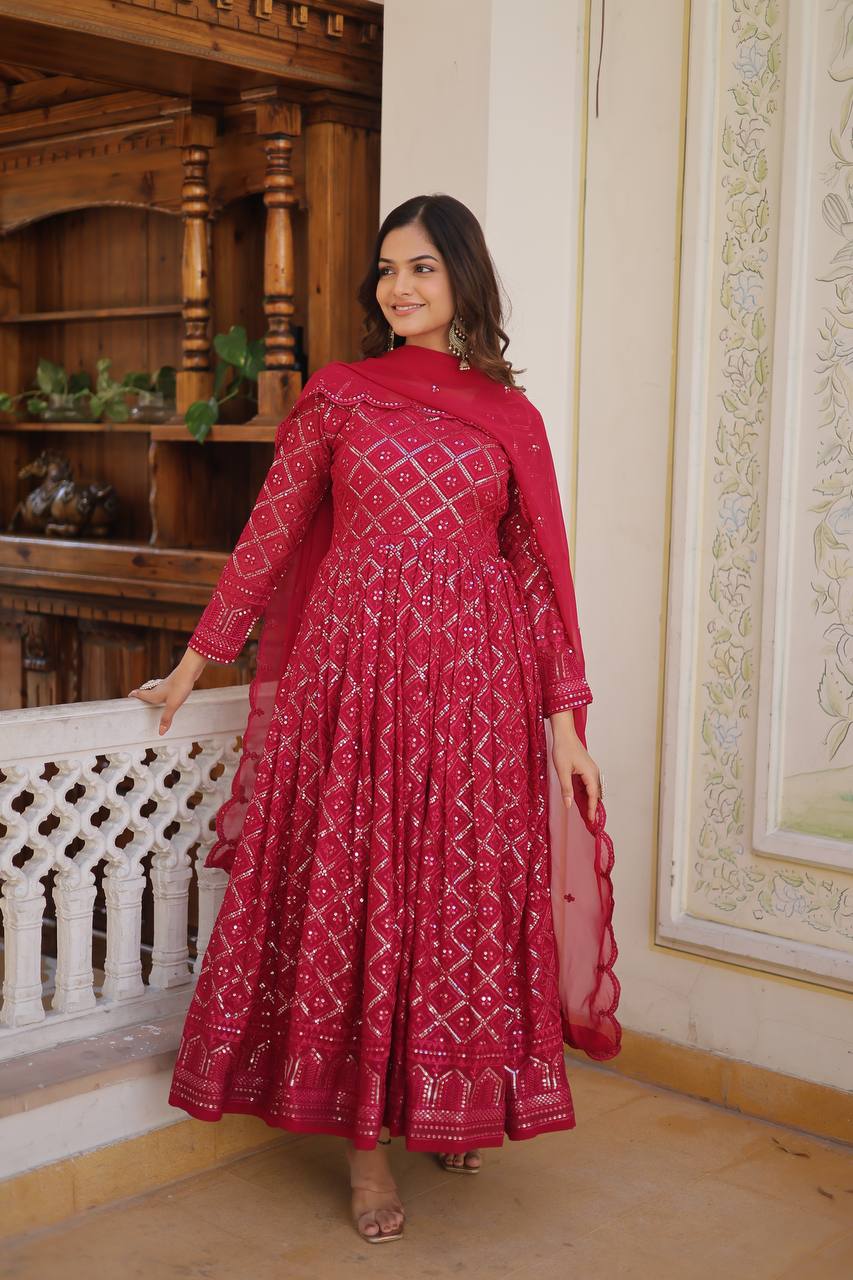 Pink Color Sequined Embroidered Gown with Dupatta Set ClothsVilla