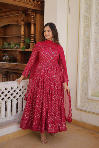 Pink Color Sequined Embroidered Gown with Dupatta Set ClothsVilla