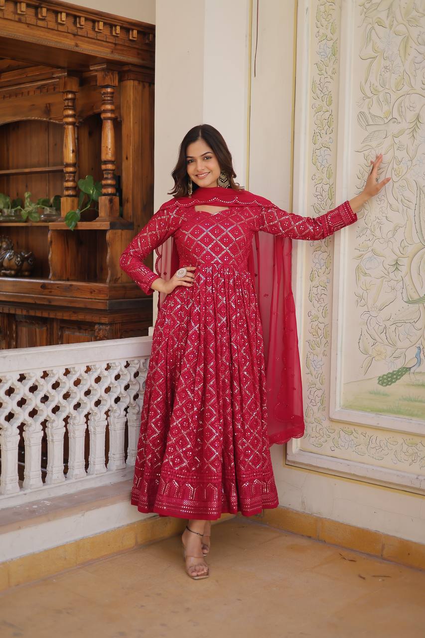 Pink Color Sequined Embroidered Gown with Dupatta Set ClothsVilla