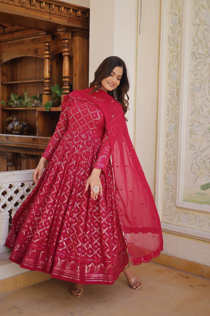 Pink Color Sequined Embroidered Gown with Dupatta Set ClothsVilla