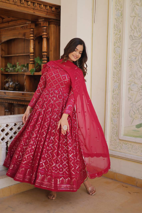Pink Color Sequined Embroidered Gown with Dupatta Set ClothsVilla
