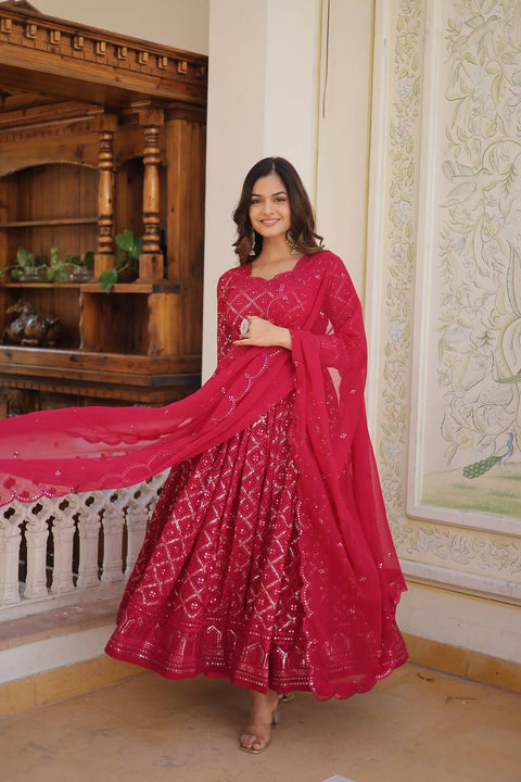 Pink Color Sequined Embroidered Gown with Dupatta Set ClothsVilla Main image