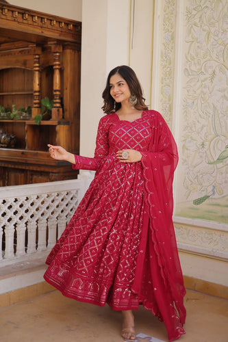 Pink Color Sequined Embroidered Gown with Dupatta Set ClothsVilla
