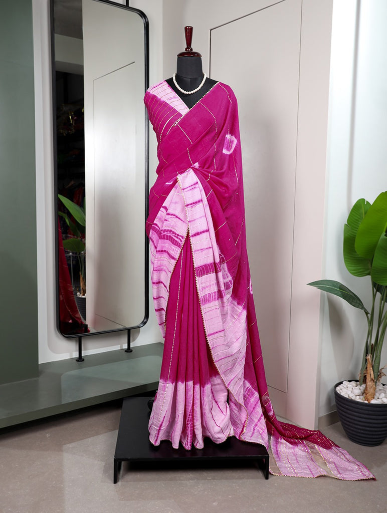 Pink Color Sequined Viscose Chanderi Saree with Gota Patti Border & Blouse ClothsVilla