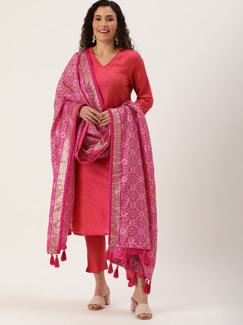 Pink Color Tusser Silk Patola Printed Dupatta ClothsVilla Main image