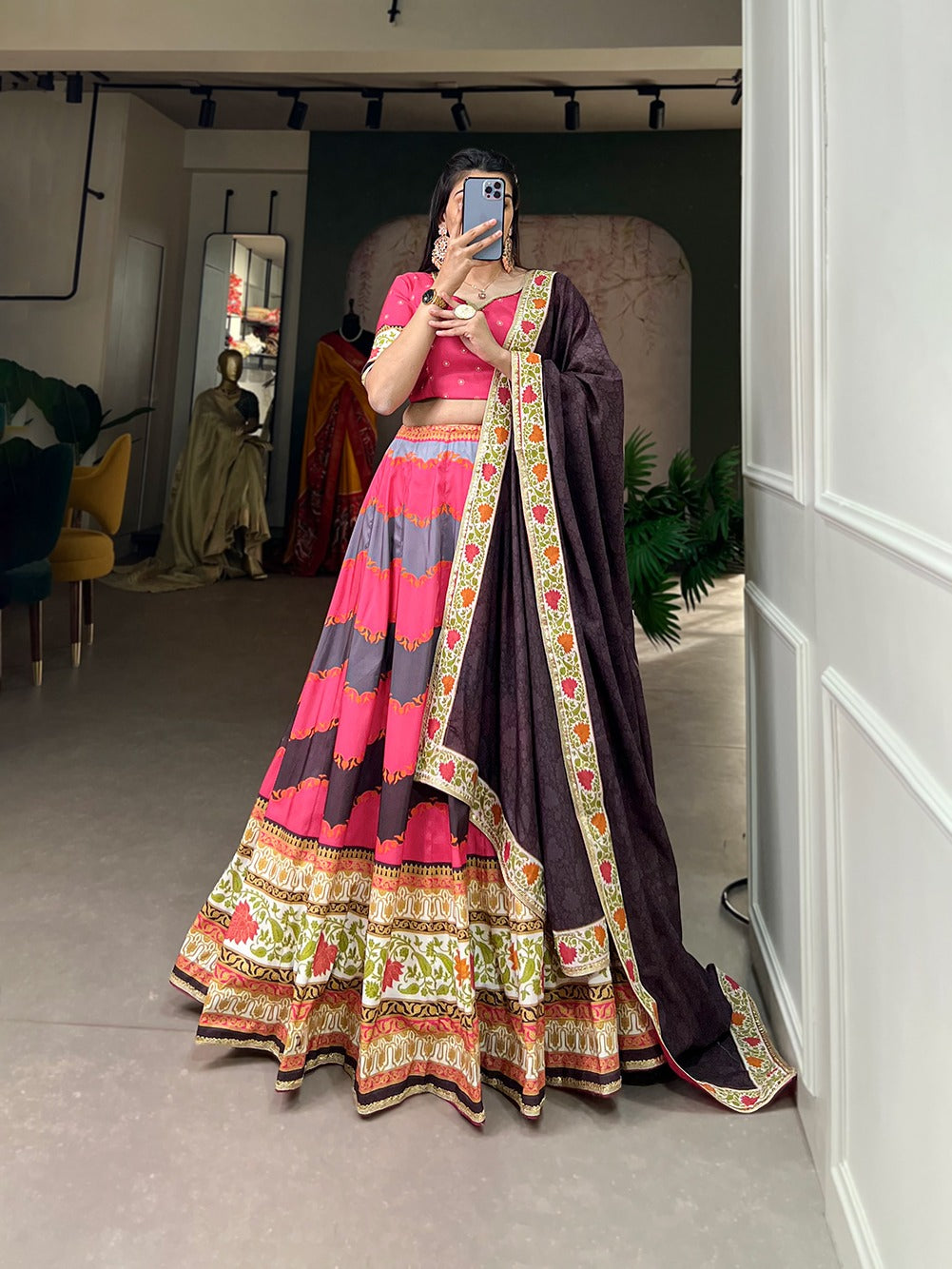 Pink Color Vaishali Silk Printed Lehenga Choli Set with Sequins Lace Border Secondary image