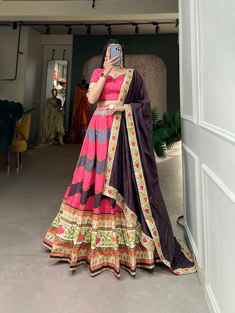 Pink Color Vaishali Silk Printed Lehenga Choli Set with Sequins Lace Border ClothsVilla