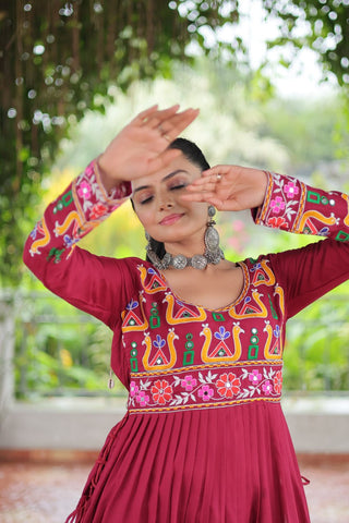 Pink Colour Navratri Special Rayon Kurti with Kutchi Gamthi Work – Adjustable Fit & Full Sleeves ClothsVilla
