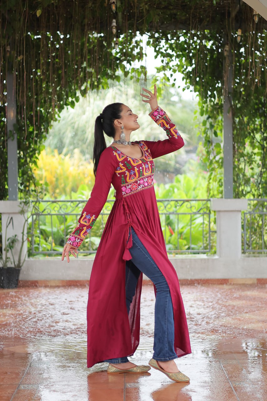 Pink Colour Navratri Special Rayon Kurti with Kutchi Gamthi Work – Adjustable Fit & Full Sleeves ClothsVilla