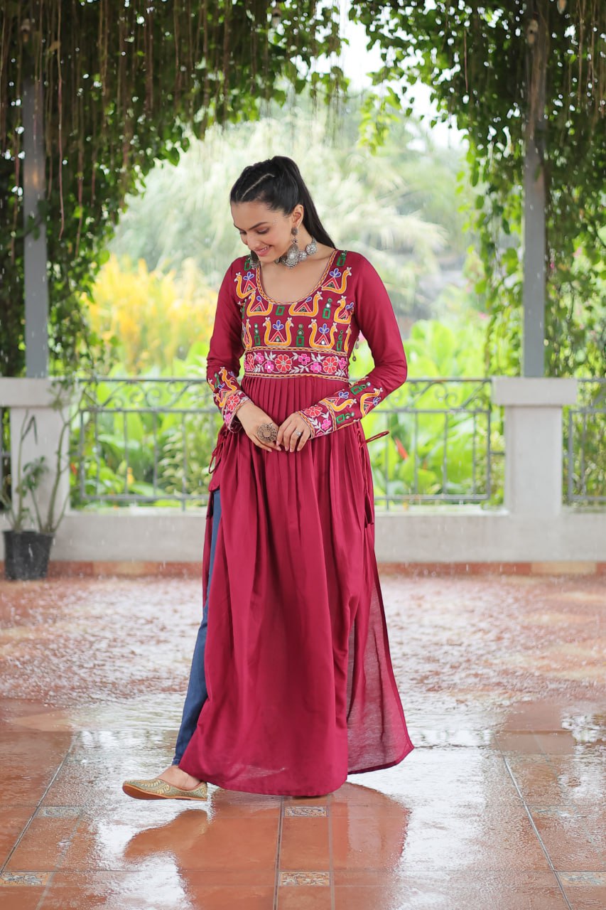 Pink Colour Navratri Special Rayon Kurti with Kutchi Gamthi Work – Adjustable Fit & Full Sleeves ClothsVilla