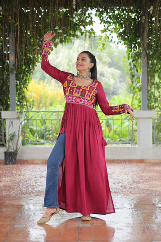 Pink Colour Navratri Special Rayon Kurti with Kutchi Gamthi Work – Adjustable Fit & Full Sleeves ClothsVilla