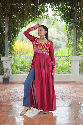 Pink Colour Navratri Special Rayon Kurti with Kutchi Gamthi Work – Adjustable Fit & Full Sleeves ClothsVilla