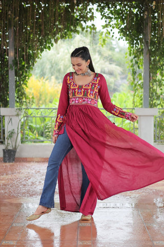 Pink Colour Navratri Special Rayon Kurti with Kutchi Gamthi Work – Adjustable Fit & Full Sleeves ClothsVilla