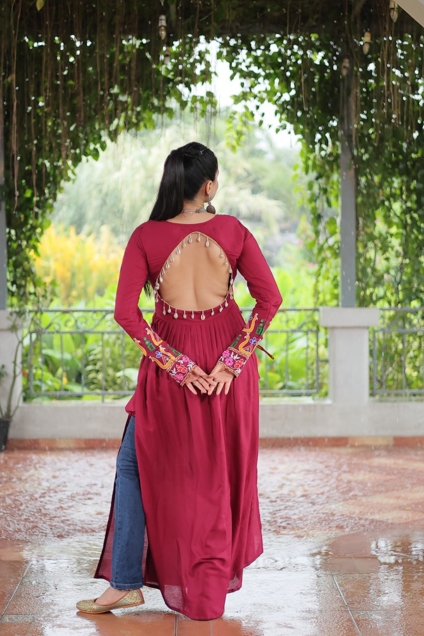 Pink Colour Navratri Special Rayon Kurti with Kutchi Gamthi Work – Adjustable Fit & Full Sleeves ClothsVilla