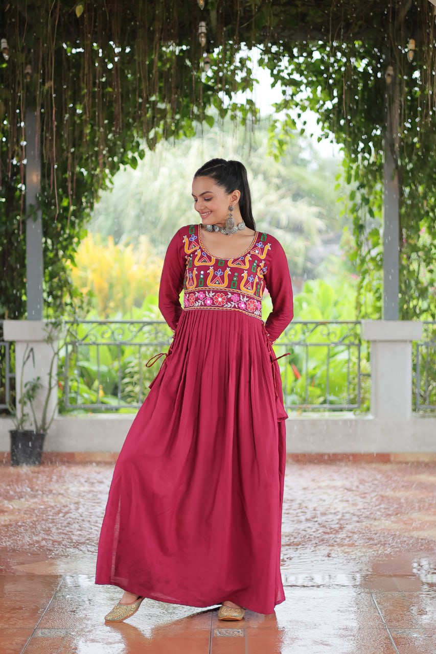 Pink Colour Navratri Special Rayon Kurti with Kutchi Gamthi Work – Adjustable Fit & Full Sleeves ClothsVilla