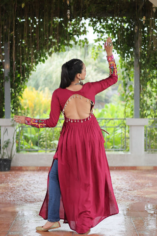 Pink Colour Navratri Special Rayon Kurti with Kutchi Gamthi Work – Adjustable Fit & Full Sleeves ClothsVilla