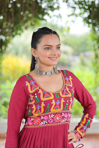 Pink Colour Navratri Special Rayon Kurti with Kutchi Gamthi Work – Adjustable Fit & Full Sleeves ClothsVilla