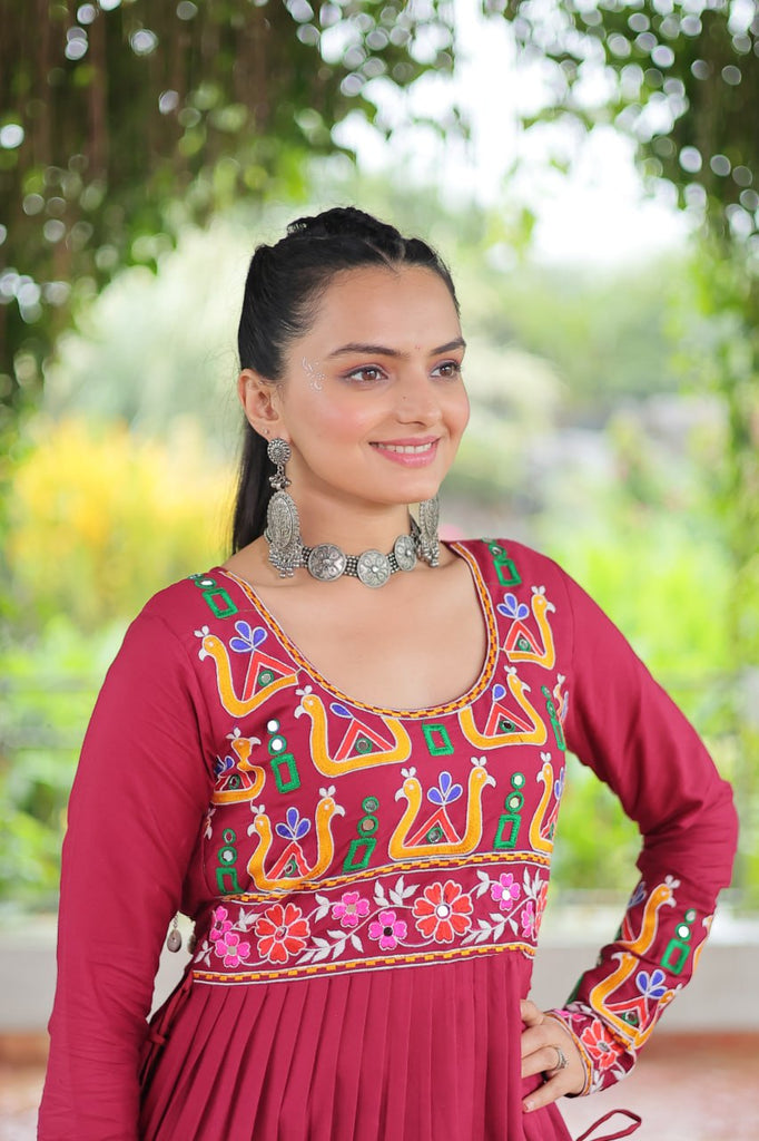 Pink Colour Navratri Special Rayon Kurti with Kutchi Gamthi Work – Adjustable Fit & Full Sleeves ClothsVilla