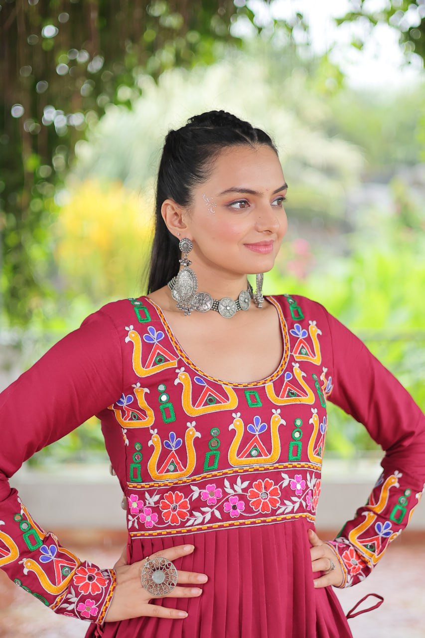 Pink Colour Navratri Special Rayon Kurti with Kutchi Gamthi Work – Adjustable Fit & Full Sleeves ClothsVilla