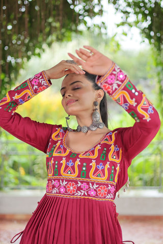 Pink Colour Navratri Special Rayon Kurti with Kutchi Gamthi Work – Adjustable Fit & Full Sleeves ClothsVilla