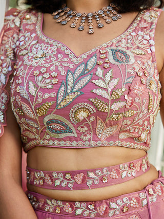 Pink colour Tissue Fabric with Sequinse & Thread embroidery Semi-Stitched Lehenga choli & Dupatta ClothsVilla