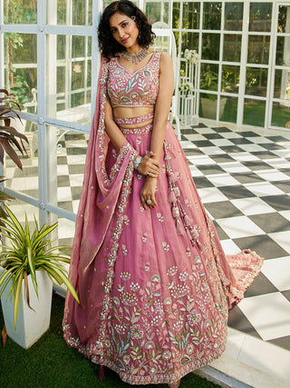 Pink colour Tissue Fabric with Sequinse & Thread embroidery Semi-Stitched Lehenga choli & Dupatta ClothsVilla