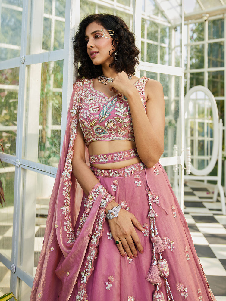 Pink colour Tissue Fabric with Sequinse & Thread embroidery Semi-Stitched Lehenga choli & Dupatta ClothsVilla