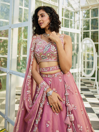 Pink colour Tissue Fabric with Sequinse & Thread embroidery Semi-Stitched Lehenga choli & Dupatta ClothsVilla