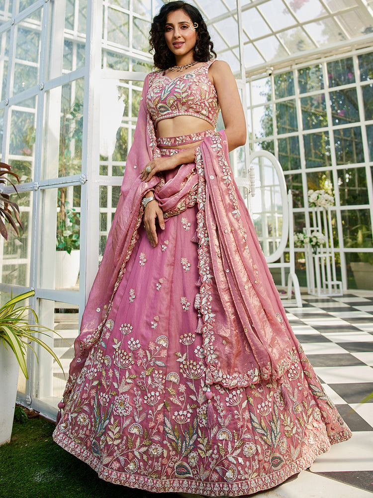 Pink colour Tissue Fabric with Sequinse & Thread embroidery Semi-Stitched Lehenga choli & Dupatta ClothsVilla