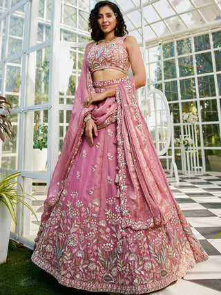 Pink colour Tissue Fabric with Sequinse & Thread embroidery Semi-Stitched Lehenga choli & Dupatta ClothsVilla