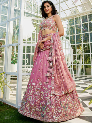 Pink colour Tissue Fabric with Sequinse & Thread embroidery Semi-Stitched Lehenga choli & Dupatta ClothsVilla