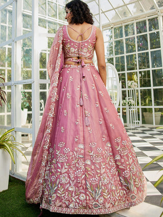 Pink colour Tissue Fabric with Sequinse & Thread embroidery Semi-Stitched Lehenga choli & Dupatta ClothsVilla