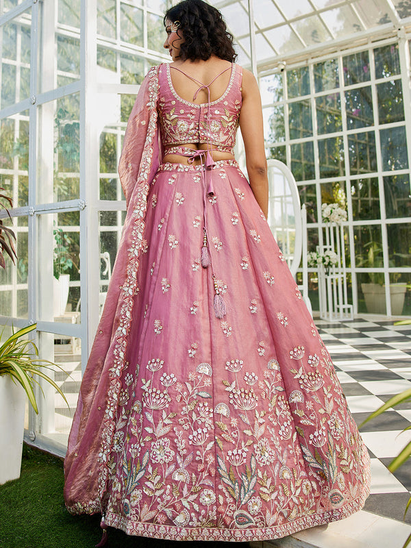 Pink colour Tissue Fabric with Sequinse & Thread embroidery Semi-Stitched Lehenga choli & Dupatta ClothsVilla