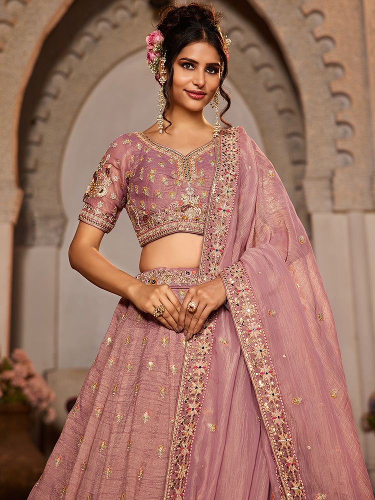 Pink colour Tissue Sequinse embroidery Semi-Stitched Lehenga choli & Dupatta ClothsVilla