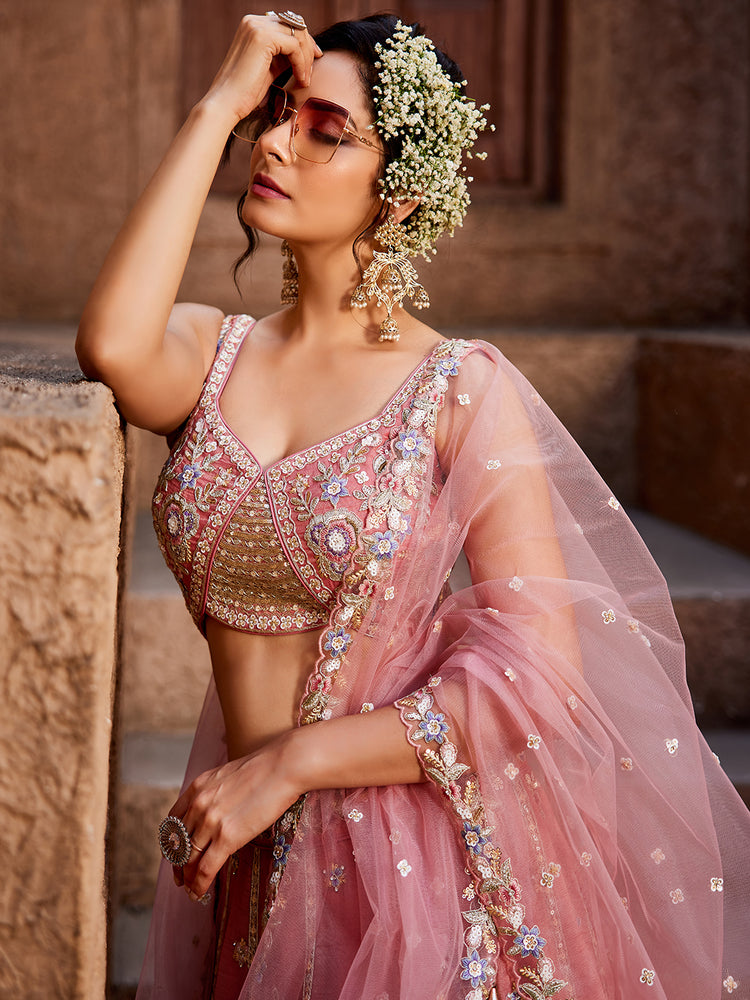 Pink colour Tissue Sequinse embroidery Semi-Stitched Lehenga choli & Dupatta ClothsVilla