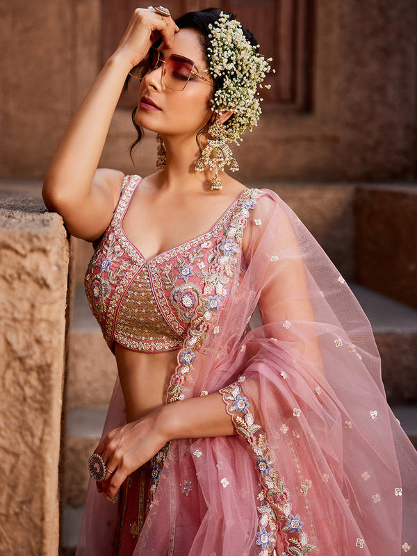Pink colour Tissue Sequinse embroidery Semi-Stitched Lehenga choli & Dupatta ClothsVilla