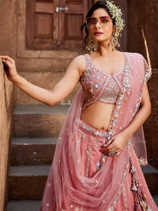 Pink colour Tissue Sequinse embroidery Semi-Stitched Lehenga choli & Dupatta ClothsVilla