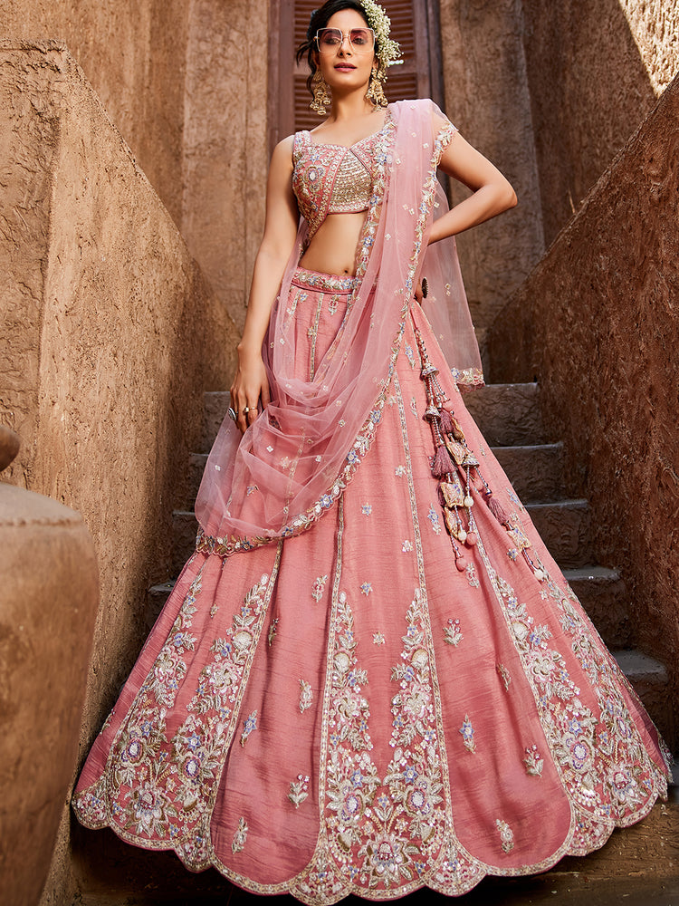 Pink colour Tissue Sequinse embroidery Semi-Stitched Lehenga choli & Dupatta ClothsVilla