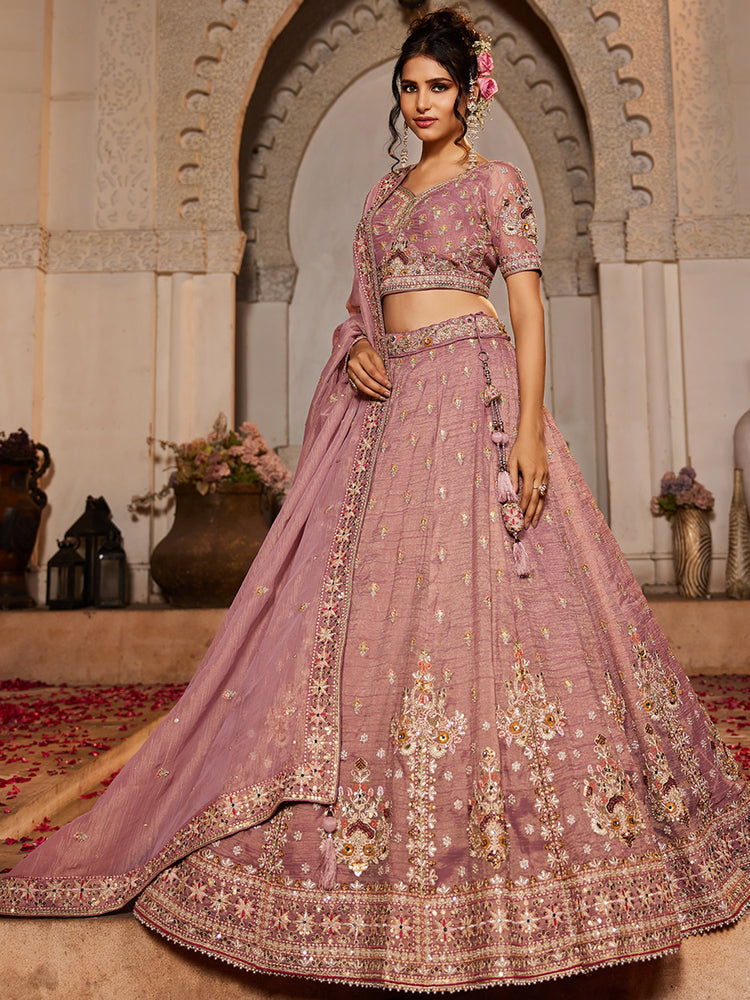 Pink colour Tissue Sequinse embroidery Semi-Stitched Lehenga choli & Dupatta ClothsVilla