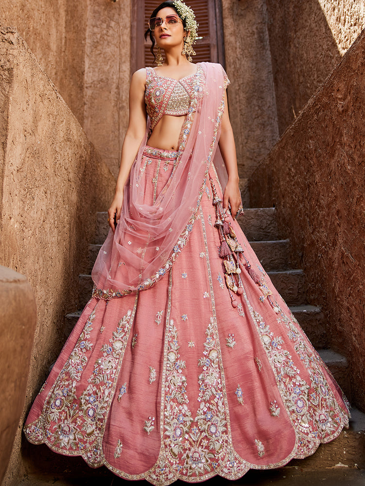 Pink colour Tissue Sequinse embroidery Semi-Stitched Lehenga choli & Dupatta ClothsVilla