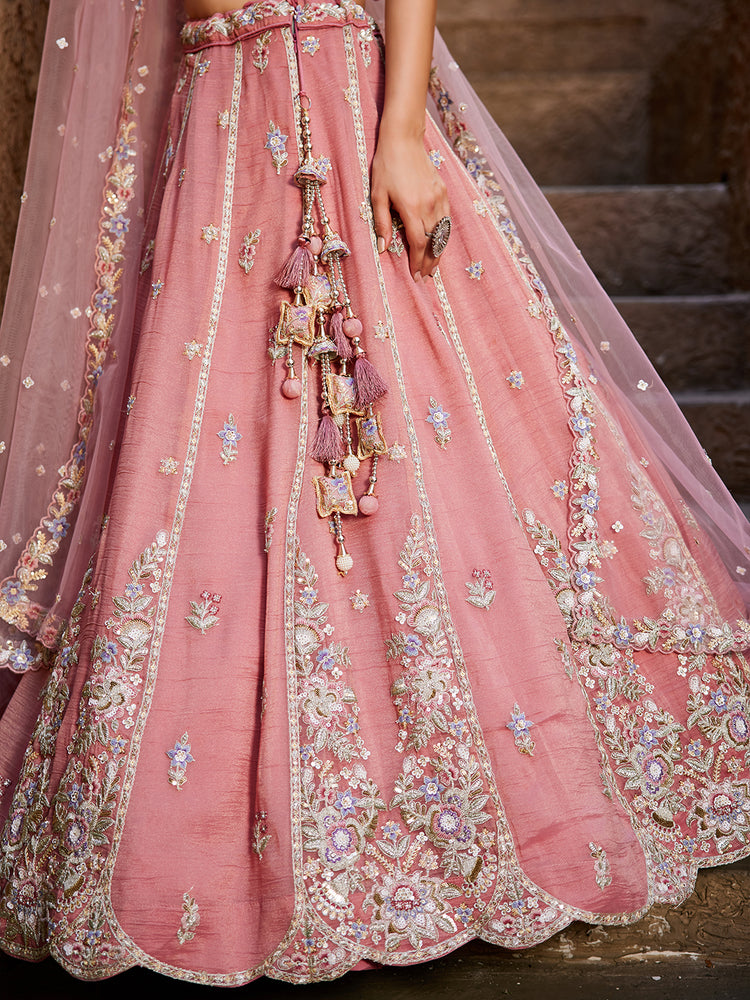 Pink colour Tissue Sequinse embroidery Semi-Stitched Lehenga choli & Dupatta ClothsVilla