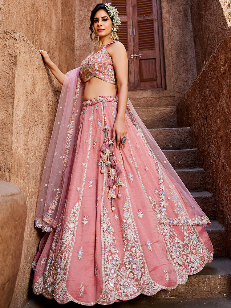 Pink colour Tissue Sequinse embroidery Semi-Stitched Lehenga choli & Dupatta ClothsVilla