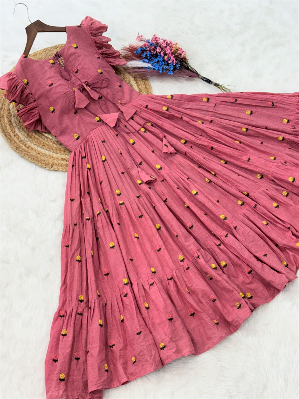 Pink Cotton Embroidered Anarkali Kurti ClothsVilla