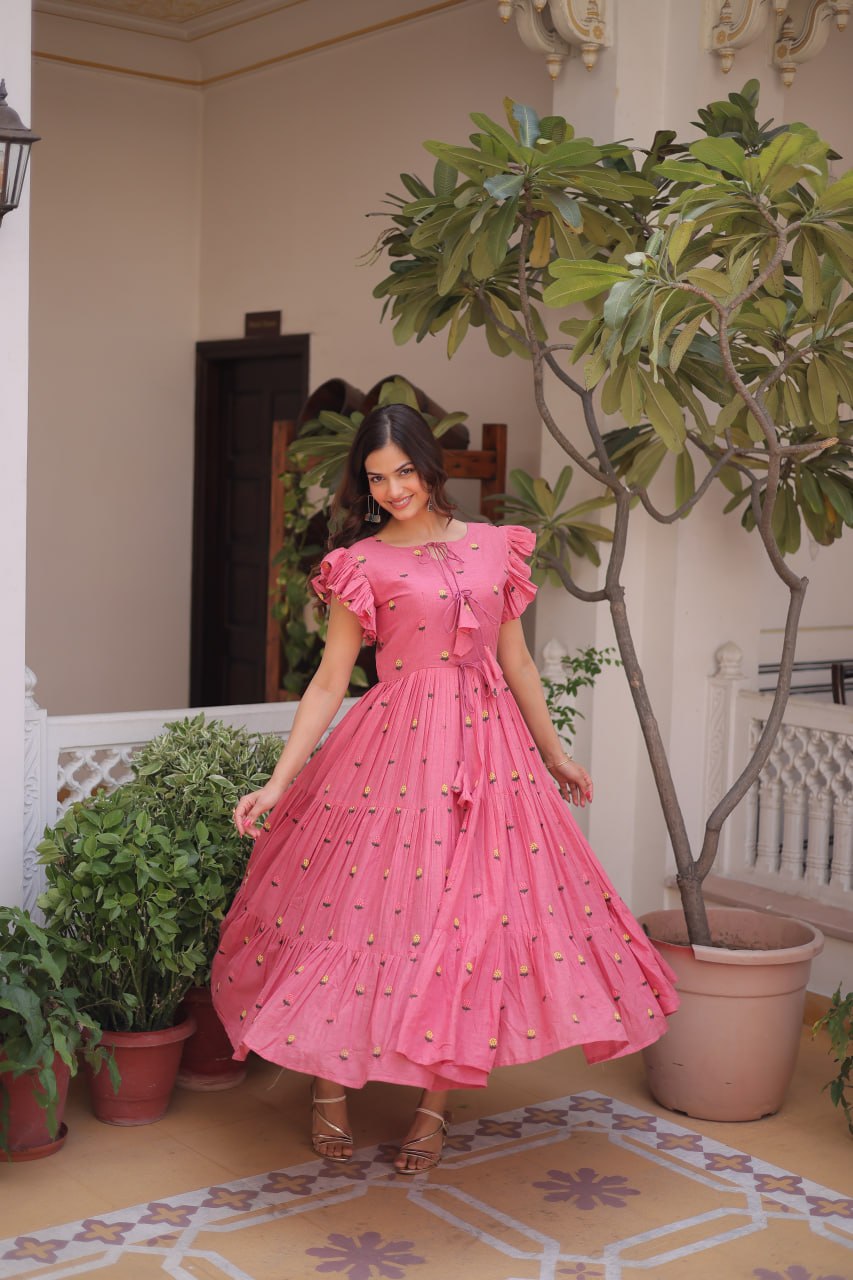 Pink Cotton Embroidered Anarkali Kurti ClothsVilla