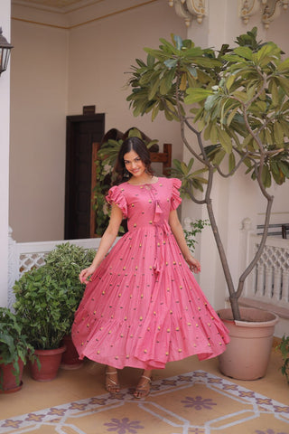 Pink Cotton Embroidered Anarkali Kurti ClothsVilla