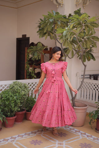 Pink Cotton Embroidered Anarkali Kurti ClothsVilla