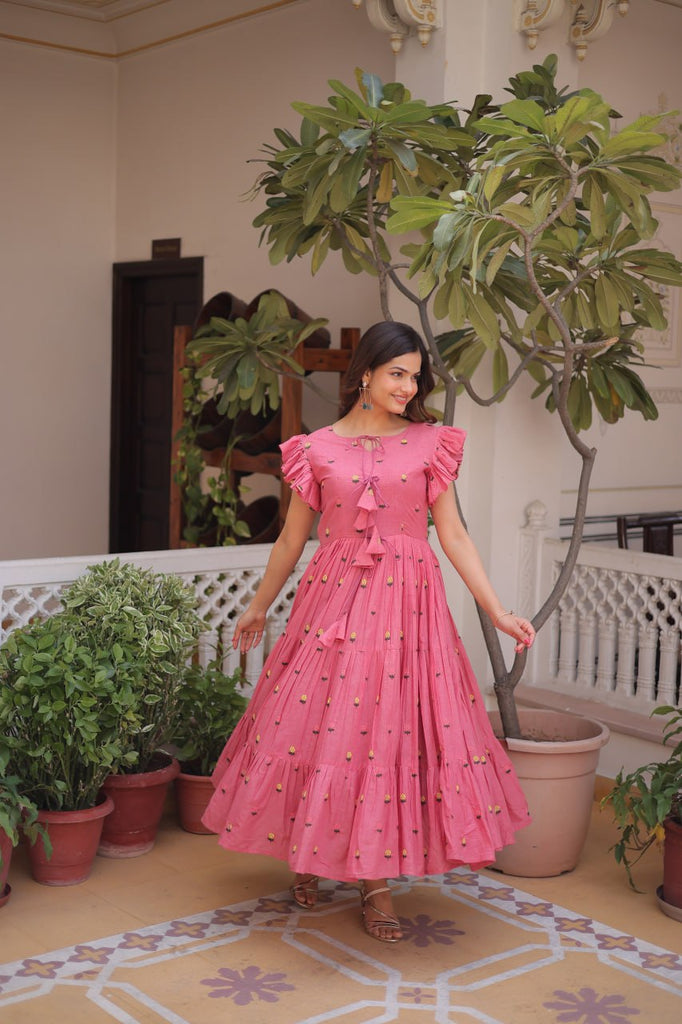 Pink Cotton Embroidered Anarkali Kurti ClothsVilla