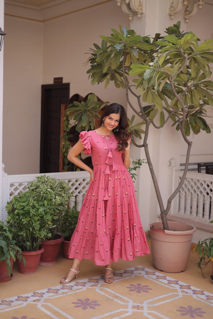 Pink Cotton Embroidered Anarkali Kurti ClothsVilla