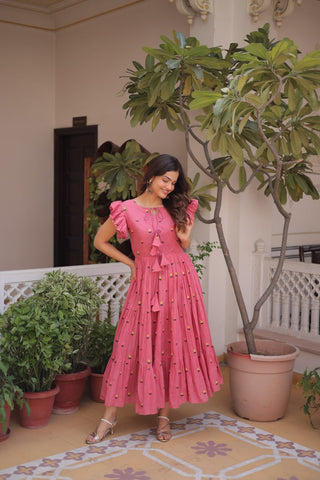 Pink Cotton Embroidered Anarkali Kurti ClothsVilla