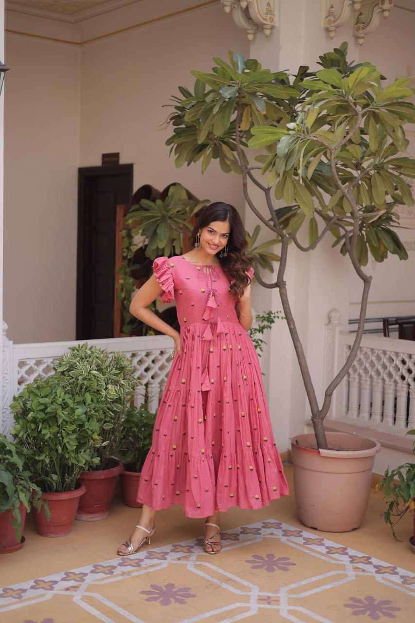 Pink Cotton Embroidered Anarkali Kurti ClothsVilla